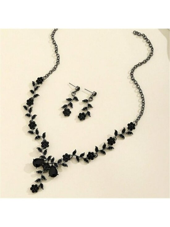 Handmade Jewelry - Black Rhinestone Neckalce Set Statement Bridal Earrings Dangle Halloween Jewelry